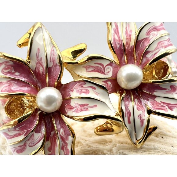 VTG KJL Kenneth Lane Bracelet Pink & White Enameled Flowers Pearls Gold Tone - Picture 3 of 15